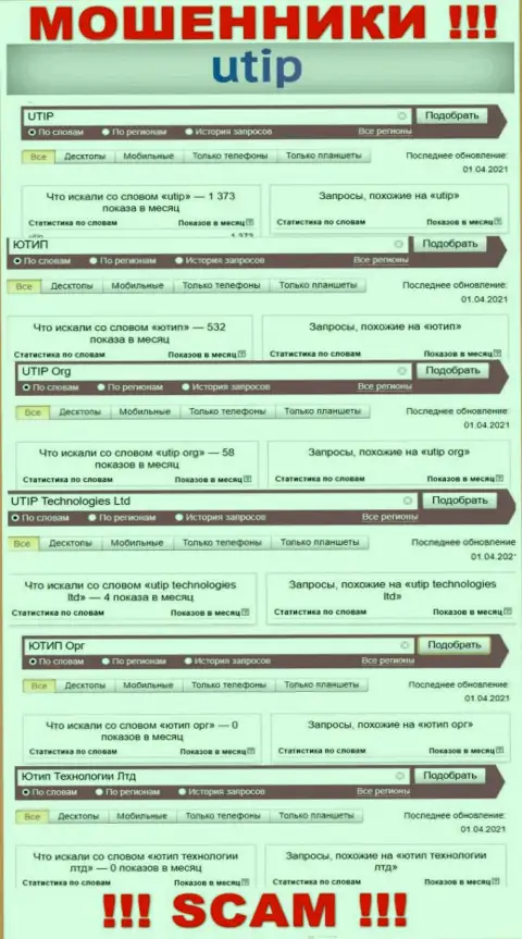 Статистические сведения количества поисковых запросов в сети internet по махинаторам UTIP