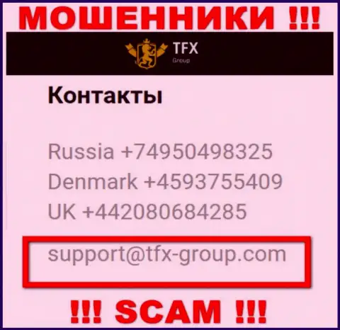 В разделе контактных данных, на официальном онлайн-ресурсе интернет-мошенников TFX Group, найден был этот е-мейл
