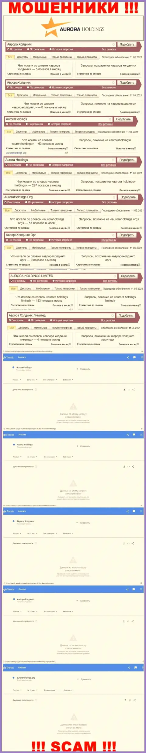 Вот такое количество поисковых запросов в глобальной сети internet по мошенникам АврораХолдингс