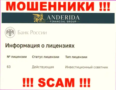 Anderida уверяют, что имеют лицензию от ЦБ России (информация с информационного ресурса кидал)