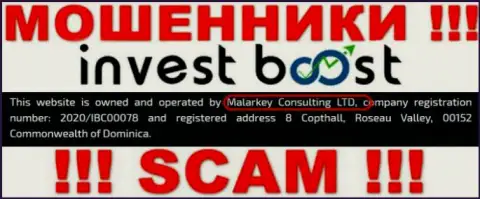 На официальном сайте Инвест Буст Ко написано, что этой организацией владеет Malarkey Consulting LTD