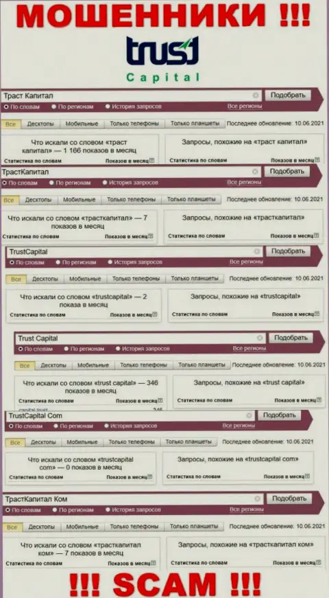 Статистические сведения online-запросов по жуликам ТрастКапитал в поисковиках сети Интернет