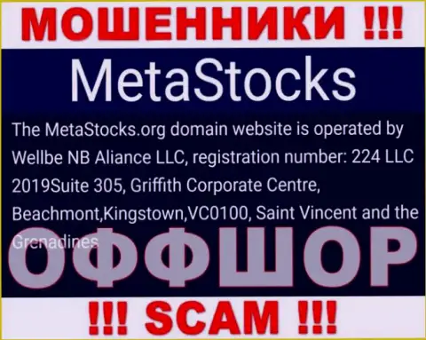 Сьют 305, Гриффит Корпорейт Центр, Бичмонт, Кингстаун, ВЦ0100, Сент-Винсент и Гренадины - отсюда, с офшорной зоны, internet-мошенники MetaStocks Org безнаказанно дурачат своих клиентов