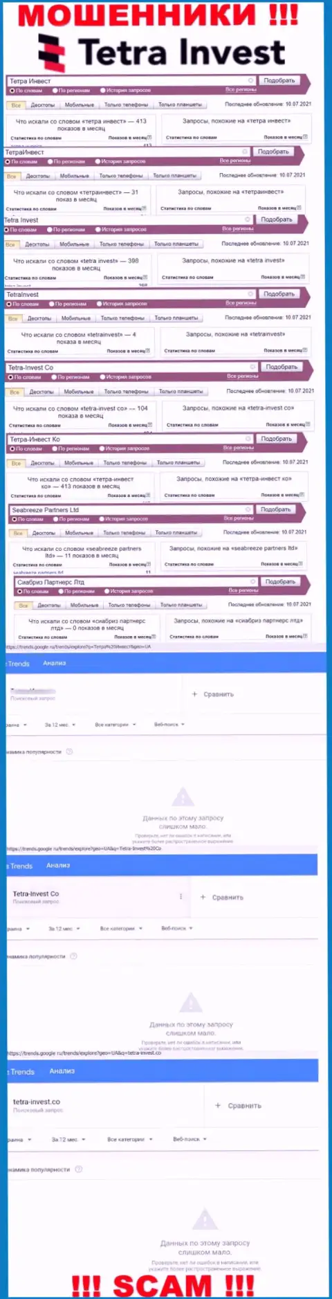 Статистические данные по брендовым онлайн-запросам по мошенникам Tetra-Invest Co в глобальной сети интернет