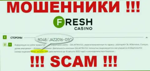 Лицензия, которую шулера FreshCasino предоставили у себя на сайте