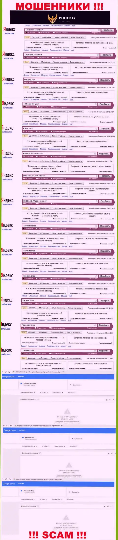 Скриншот результата онлайн-запросов по противозаконно действующей компании Пхоеникс Альянс Инвест