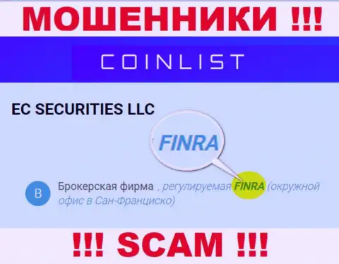Постарайтесь держаться от организации CoinList как можно дальше, которую прикрывает мошенник - Financial Industry Regulatory Authority (FINRA)