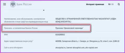 AKS Capital Com - мошенники, внесенные Центральным Банком Российской Федерации в черный список, как компания с явными признакам финансовой пирамиды