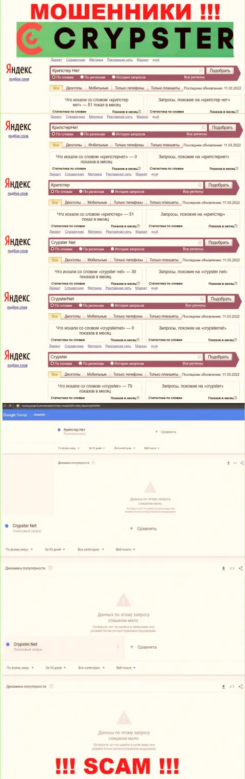 Статистические данные online запросов по мошенникам Крипстер в поисковиках всемирной internet сети