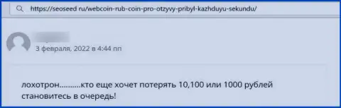 Нелестный отзыв под обзором о незаконно действующей конторе Web Coin