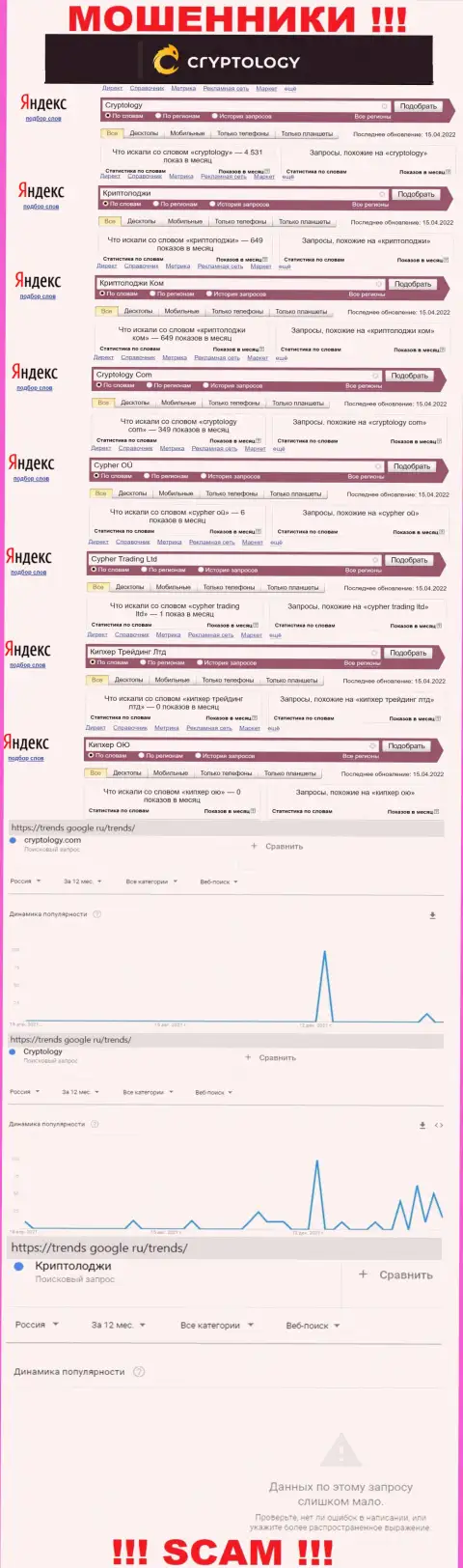Суммарное число поисковых запросов в поисковиках глобальной интернет сети по бренду мошенников Криптолоджи