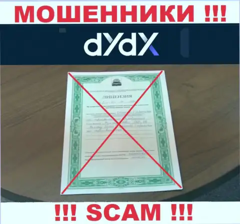 У конторы dYdX не предоставлены сведения о их лицензии на осуществление деятельности - это хитрые шулера !!!