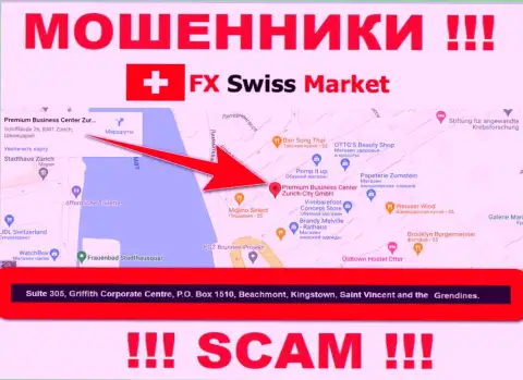 Организация FX-SwissMarket Com указывает на интернет-портале, что находятся они в оффшорной зоне, по адресу - Suite 305, Griffith Corporate Centre, P.O. Box 1510,Beachmont Kingstown, Saint Vincent and the Grenadines