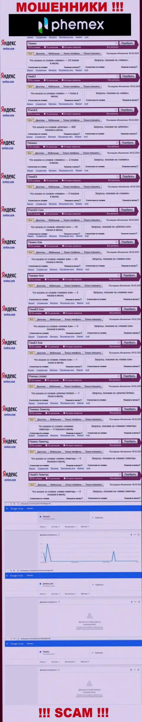 Подробная инфа по суммарному числу онлайн-запросов по мошенникам Пхемекс Ком в internet сети