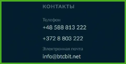 Телефон и электронка интернет компании BTC Bit