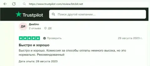 Позитивные моменты деятельности интернет-компании BTCBit в честных отзывах реальных клиентов на web-портале трастпилот ком