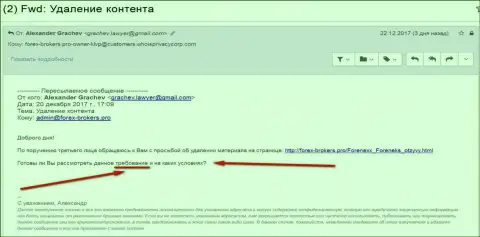 Обманщики Форенекс требуют уничтожить сведения с forex-brokers.pro